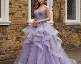 Beautiful Purple Tulle Spaghetti Strap Evening Gown,Fairy Dress,Elegant Bridal Birthday Party Formal Prom Dress,Corset Dress,Wedding Dresses