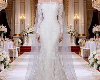 Luxurious Off-Shoulder Lace Mermaid Wedding Dress,Elegant Lace Bridal Gown,Custom Bridal,Lace Bridal Gown Long Sleeved,Long Wedding Dress