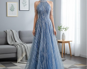 Sparkling Blue Halter Prom Dress,Tulle A-Line Gown,Beaded Neckline Formal Evening Dress,Maxi Dress,Wedding Guest Dress,Bridesmaid Dress