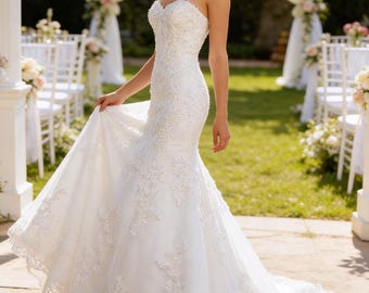Glamorous White Lace Mermaid Wedding Dress,Strapless Sweetheart Bridal Gown,Tulle Corset Back Wedding Dress,Custom Boho Garden Bridal Gown