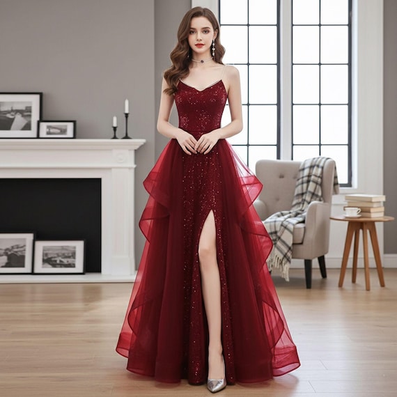 Red Sparkling Sequins Strap High-Slit Evening Dress,Elegant Red Formal Event Dress Collection,Birthday Gown,Gift for Bride,Long Prom Dress