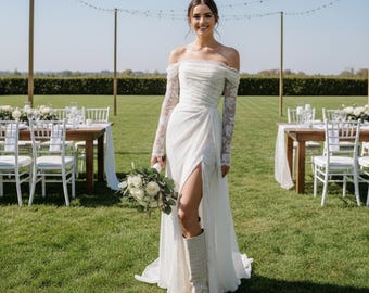 Vestido de novia romántico blanco con hombros descubiertos y apliques de encaje, abertura alta, estilo bohemio, personalizado, de encaje