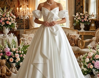 Fairy Ivory White Off The Shoulder Wedding Dress With Oversized Bow, Minimalist Puff Sleeve Bridal Gown, Classic Ball Gown, Gift for Bride