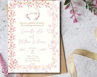 Pink Floral Wedding Invitation Template, Elegant Vine Flower Wedding Invite, Editable Canva Template, Printable Instant Download