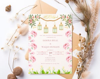 Islamic Wedding Invitation Template, Pink Floral Garden Nikkah Invite, Editable Canva Template, Printable Instant Download