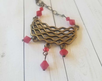 Vintage, brass, pendant necklace, with red crystal, austrian crystal, brass necklace, for her, mothers day, christmas, anniversary, birthday