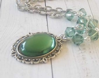 green, erinite, cameo, austrian crystal, silver toned, bicone, pendant necklace, for her, birthday, christmas, mothers day, prom, formal