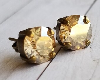 Brass, Golden shadow, 8mm, Austrian crystal, rhinestone, stud earrings, mothers day gifts, bridal, wedding, prom, formal, gifts for her,