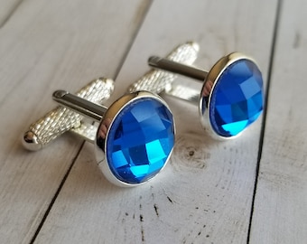 Blue, wedding cufflinks, electric blue, 12mm, with stone, cuff links, for men, silver toned, gifts for him,