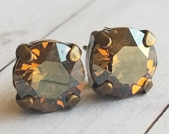 Brass, brown shade, 8mm, Swarovski, charon, rhinestone, stud earrings, mothers day gifts, gifts for her, wedding, bridal, prom, formal,