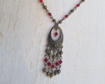 Red Crystal Victorian Necklace, Brass Filigree Pendant