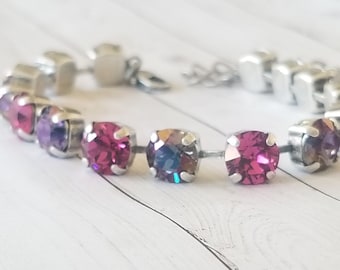 Pink and purple, Austrian crystal, silver toned, antique silver,  adjustable, women's, tennis bracelet, for her, birthday, prom, bridal