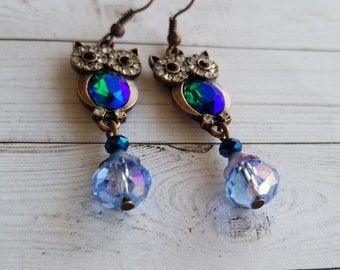 Owl earrings with rhinestones and blue glass stone copper ear wire for her mothers day birthday anniversary