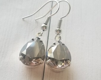 14X10MM, vintage, rose satin, swarovski crystal, pear shaped, silver toned, ear wire, drop earrings, for her, anniversary, birthday,