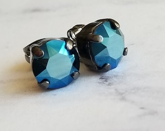 Dainty blue stud earrings crystal in hematite for her mothers day birthday prom formal wedding