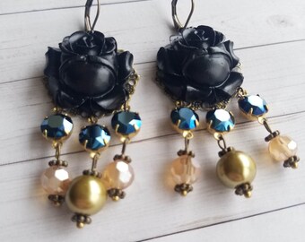 Black rose victorian brass earrings with metallic blue swarovski crystals for her birthday mothers day anniversary