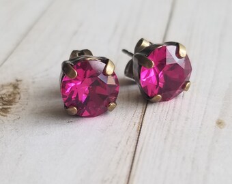 Fuschia, hot pink, 8mm, brass, Austrian crystal, stud earrings, gifts for her, christmas gifts, wedding, bridal, prom, formal, sparkle