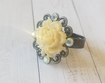 Adjustable, vintage, brass, flower ring, glass AB, with rhinestones, for her, wedding, anniversary, birthday, special occasion,