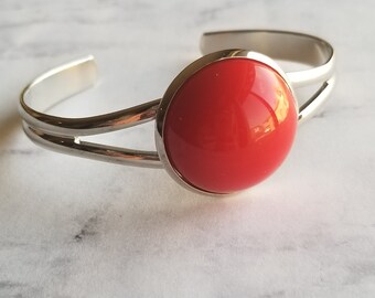 Red silver 20mm chic trendy cuff bracelet with stone vintage inspired gifts for her valentine's gift birthday gift red jewelry silver toned