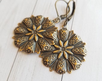 Raw Brass, filigree, flower, floral, stamp, vintage style, lever back, drop earring, gifts for her, 20s, old world, antique, prom, bridal