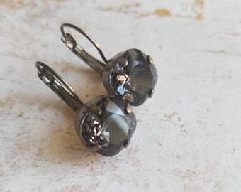 Graphite black cushion cut swarovski crystal lever back dangle earrings
