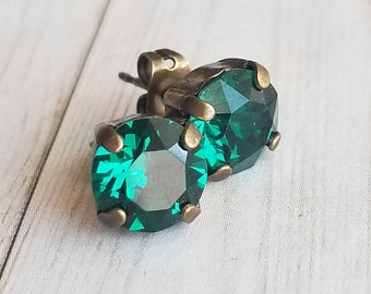 Emerald green 8mm Swarovski crystal chaton rhinestone stud earrings for her bridal wedding prom formal valentines day mother's day