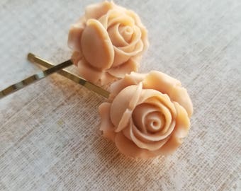 Peach colored delicate fantasy rose bobby pins on silver. "Just peachy"