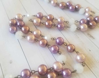 Pink and white, glass, pearl, faux pearl, long necklace, queen necklace, layering necklace, for her, christmas, birthday, anniversary, prom