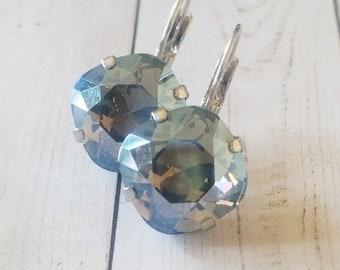 Stormy, gray, blue, cushion cut, Austrian crystal, silver toned, lever back, earrings, for her, birthday, anniversary, prom, bridal, formal