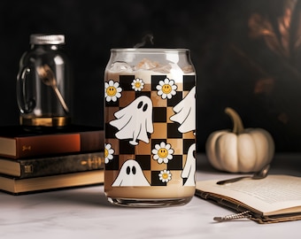Copo de vidro fantasma – Lata de vidro fofa de 473 ml com tampa de bambu e canudo para Halloween | Copo de café gelado assustador, presente de decoração de Halloween