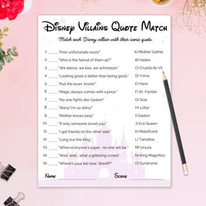 Disney Villains Quote Match printable game sheet – match each Disney villain with their iconic quote, pink version