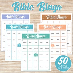 Juego Imprimible de Bingo Bíblico / 50 Cartas con Personajes Bíblicos / Bingo Cristiano para Niños y Adultos