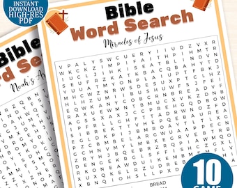 Pacote de Caça-Palavras Bíblicas para Imprimir – 10 Temas Bíblicos – Atividades Cristãs para Crianças, Jogos para Escola Dominical, Download Imediato
