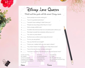 Gra Disney Love Quotes Match Game – Gra na wieczór panieński do druku | Romantyczna zabawa ślubna Disneya | Pobierz plik PDF natychmiast