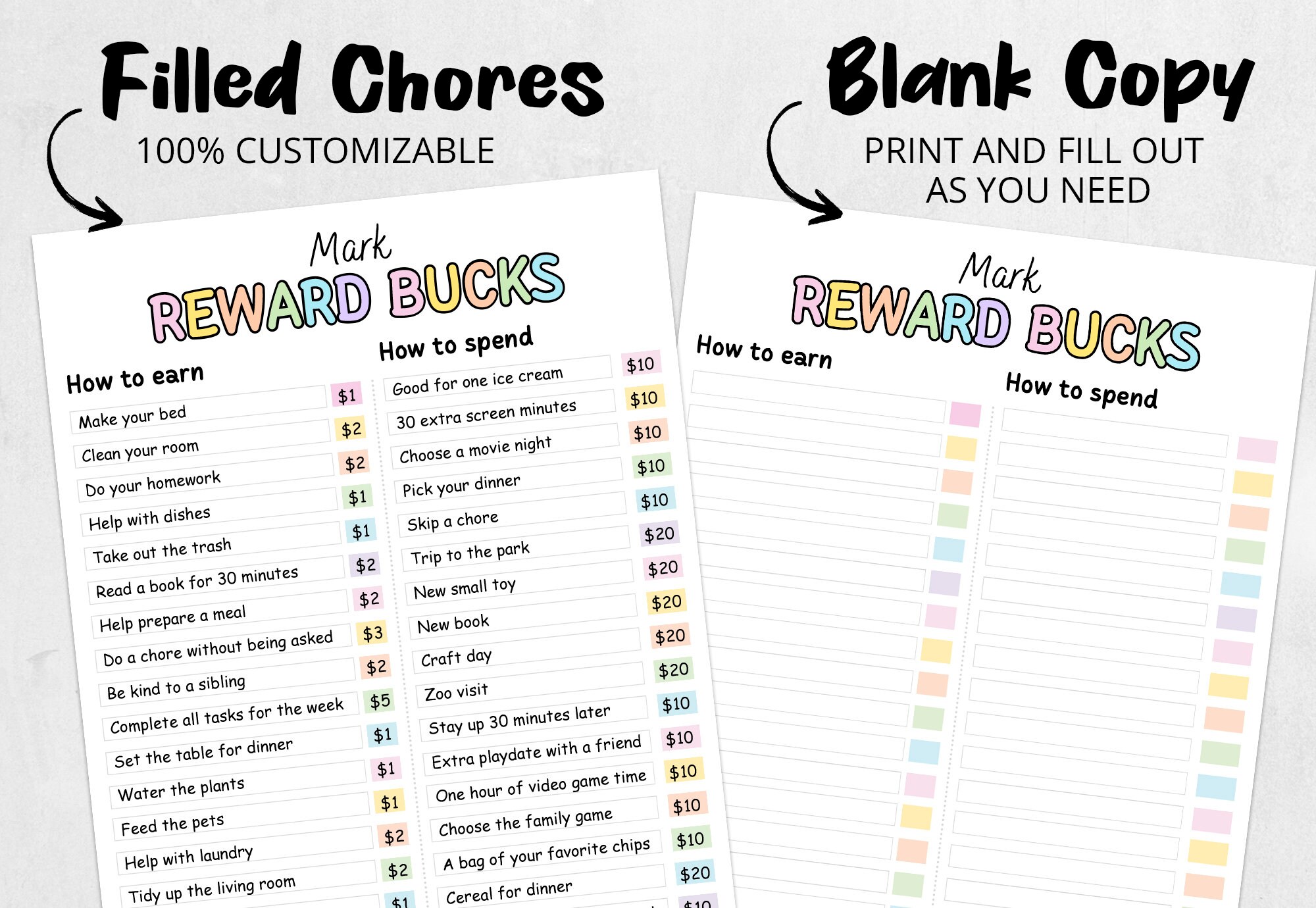 Editable Kids Reward Bucks | Printable Reward System | Chore Chart for ...
