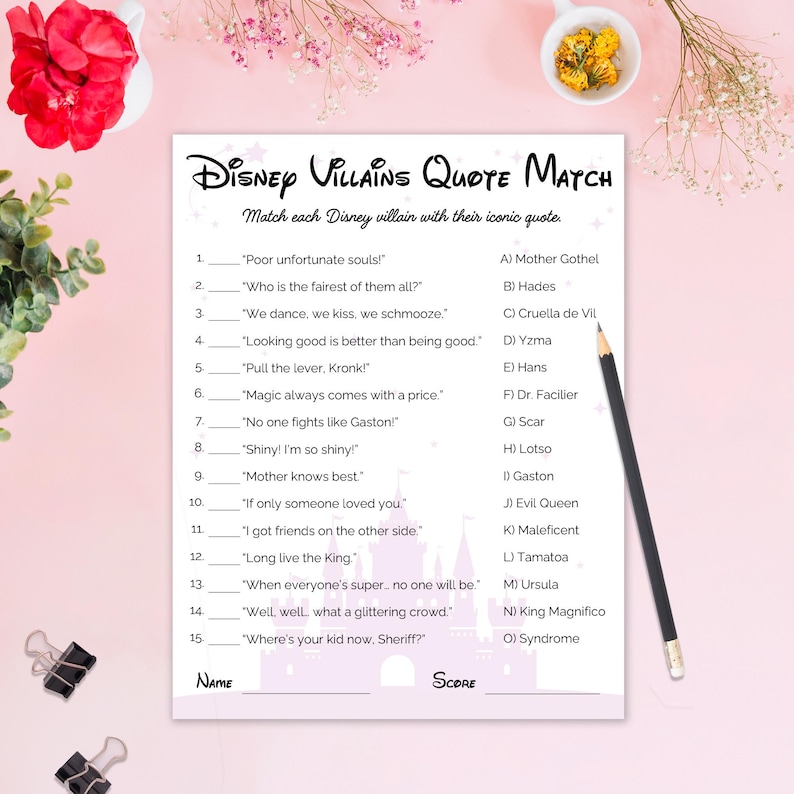 Disney Villains Quote Match printable game sheet – match each Disney villain with their iconic quote, pink version