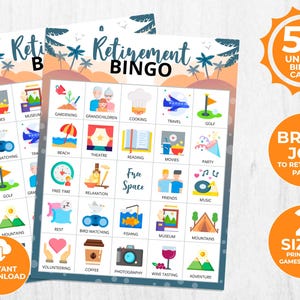 Pensioen bingokaarten voor de lol Pensioenfeest bingothema Pensioen Afdrukbare spellen en pensioen Bingo Printables