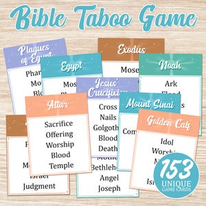 Jeu tabou biblique : jeux chrétiens amusants à imprimer avec des mots interdits ! Parfait pour les soirées jeux en famille et les activités de l'école du dimanche !