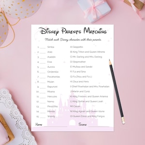 Juego de emparejamiento de Disney para padres: divertido juego imprimible para baby showers / Empareja personajes famosos de Disney con sus padres / Descarga instantánea