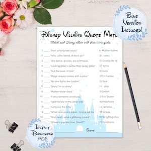 Disney Villains Quote Match printable game – blue version, match each quote to the correct Disney villain.