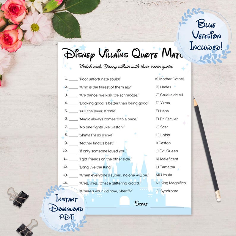 Disney Villains Quote Match printable game – blue version, match each quote to the correct Disney villain.