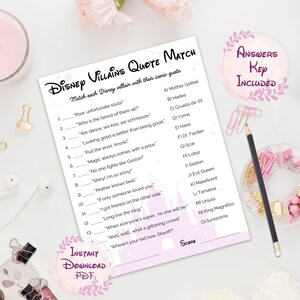 Disney Villains Quote Match game – printable Who Said It villains edition with answer key included, pink theme