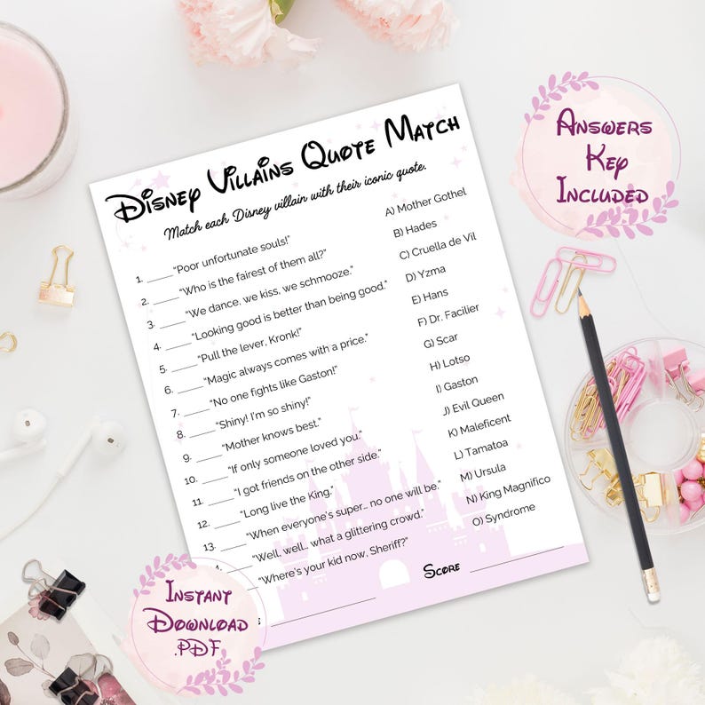 Disney Villains Quote Match game – printable Who Said It villains edition with answer key included, pink theme