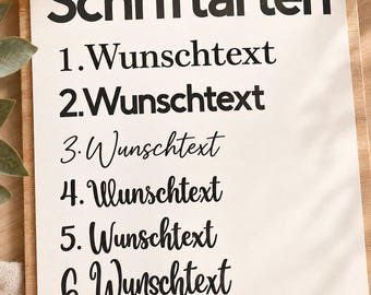Könnte beinhalten: Ein rechteckiges Holzschild mit dem Wort Schriftarten an der Oberseite, gefolgt von einer nummerierten Liste von eins bis sechs, die das Wort Wunschtext in sechs verschiedenen schwarzen Schriftarten zeigt, ergänzt durch kleine rosa Herzen.