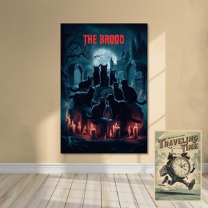 May include: A large canvas print titled "THE BROOD" shows black cats in a graveyard, lit by candles and a full moon. A smaller print features an alarm clock with a briefcase, labelled "TRAVELING TIME."