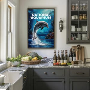 Stampa artistica con delfini dell'Acquario Nazionale di Baltimora - Spettacolare vita marina / Poster turistico del punto di riferimento del porto del Maryland su carta opaca di alta qualità