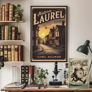 Poster storico di Laurel Delaware – Stampa da parete in alluminio da viaggio, stampa vintage di una piccola città