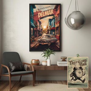 Poster di viaggio Delmar Delaware / Stampa su carta opaca premium / Arte murale di una piccola città bi-statale / Decorazione per la casa da viaggio vintage / Regalo unico