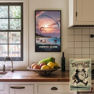Poster del Fenwick Island State Park – Stampa artistica di viaggio sulla spiaggia del Delaware, decorazione da parete con attività acquatiche costiere