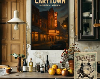 Carytown Richmond VA Poster | Byrd Theatre Night Scene Wall Art | Virginia Travel Matte Print | Bookstore & Neon Decor